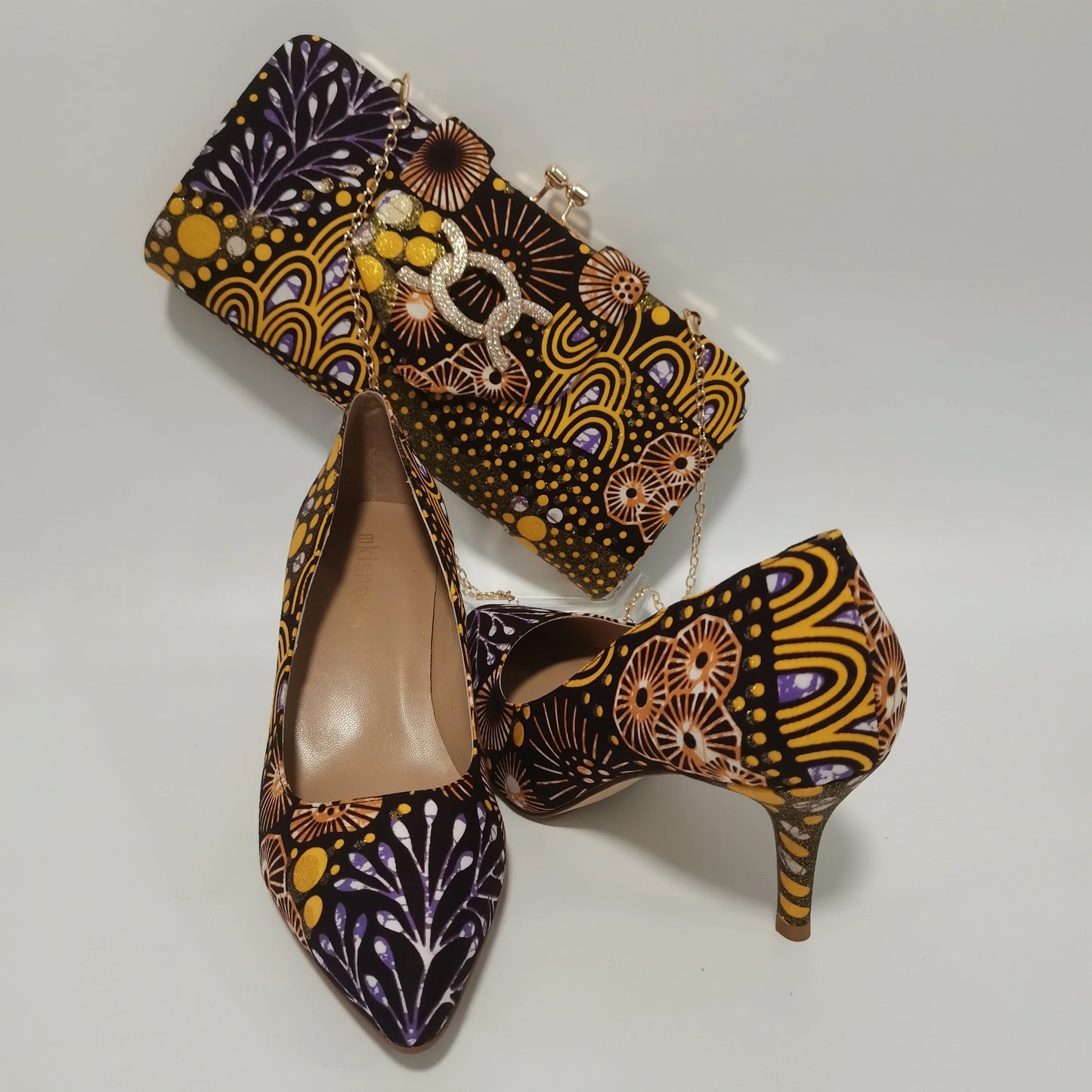 African Ankara Women’s Block Heel Shoes & Purse Set - Nigerian-Inspired Pointed Toe Fashion Accessories