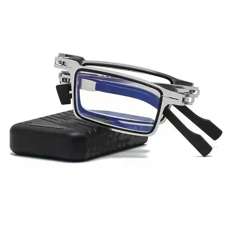 Unisex Folding Reading Glasses – Full Metal Frame, Transparent Lenses, Anti-Blue Light with Case
