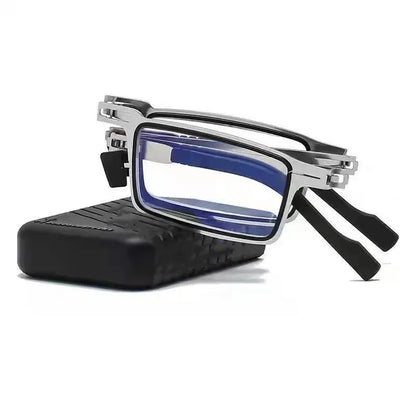 Unisex Folding Reading Glasses – Full Metal Frame, Transparent Lenses, Anti-Blue Light with Case