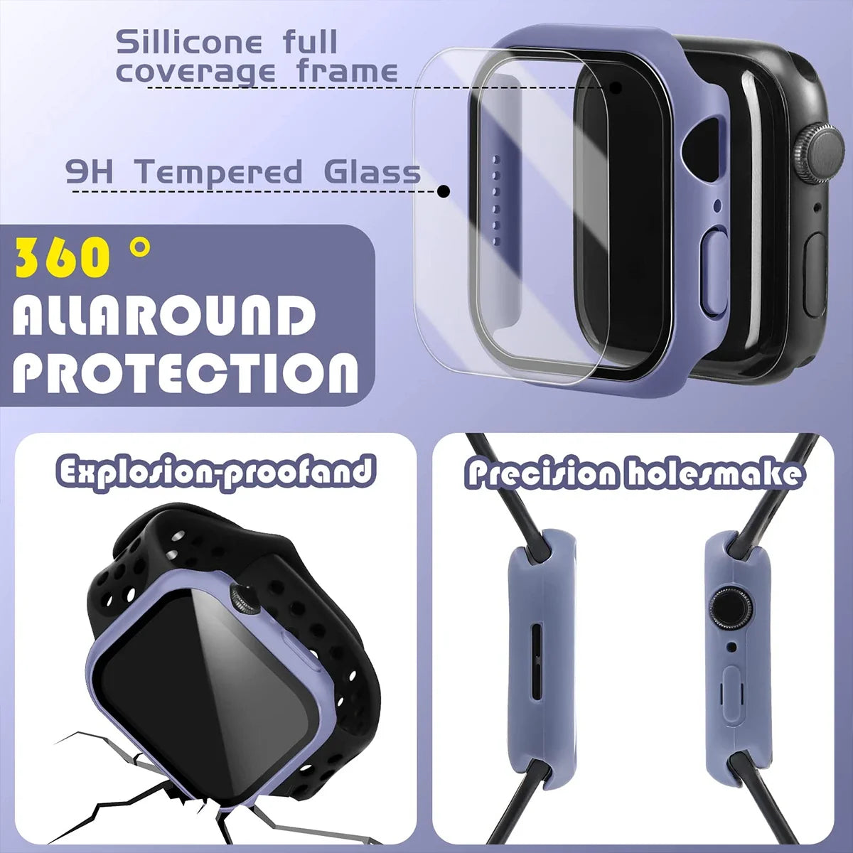 Tempered Glass Apple Watch Case - Full Screen Protector Cover for Series 9, 8, 7, 6, SE 45mm 44mm 41mm 40mm