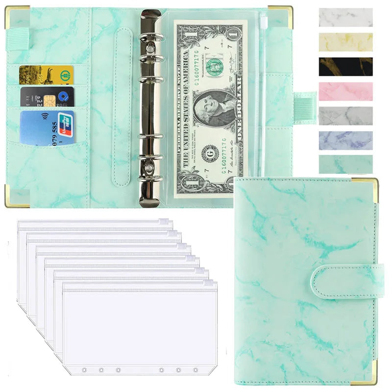 A6 Money Saving Organizer – PU Leather Budget Binder with Marble Notebook, 2023 Budget Planner, Envelope Office & School Supplies