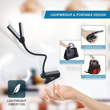 Portable LED Clip-On Book Light: 14 LEDs, 3 Colors, 8 Brightness Levels, USB Rechargeable Night Reading Lamp - Mini Desk & Travel Light
