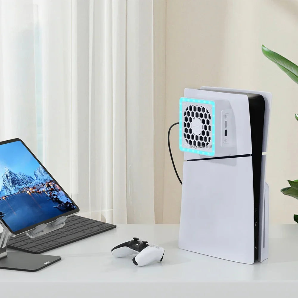 NEW Side-Mounted Cooling Fan for PS5 Slim – LED Light & 2 USB Ports Game Console Cooler Accessory