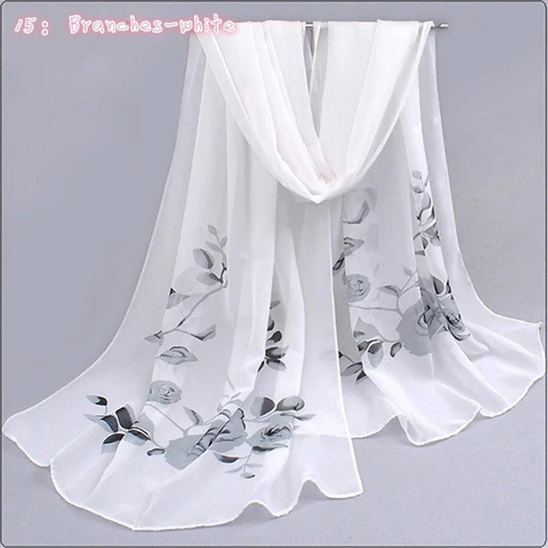 Women’s Chiffon Scarf – Long Butterflies & Branch Pattern Shawl, Elegant Versatile Retro Fashion Accessory