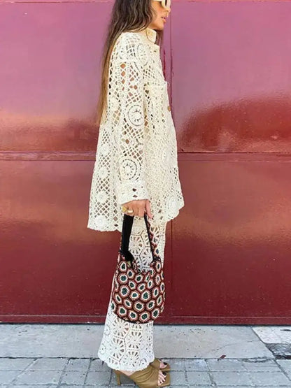 LGRQ 2025 Women’s Spring & Summer Lace Hollow-Out Shirt – Turn-Down Collar, Full Sleeve, Single-Breasted Fashion Top