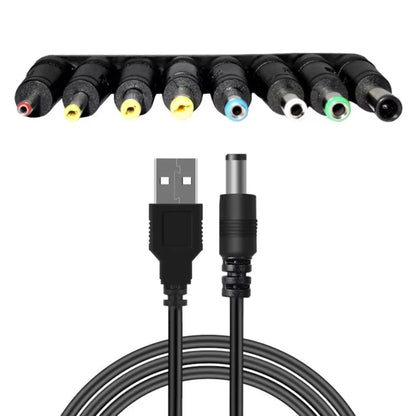 Universal USB to DC 5.5×2.1mm Power Cable – 5V Charging Cord with 8 Connector Tips for CCTV & TV Box