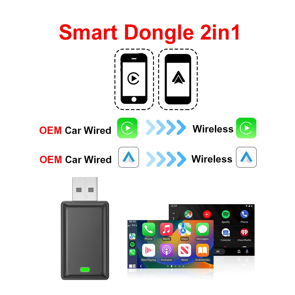 Tripodpie 2 in 1 Wireless CarPlay Adapter – Android Auto Smart USB Dongle, Plug & Play for Havel, Kia, Volvo, Audi, MG, VW, Hyundai, Jeep