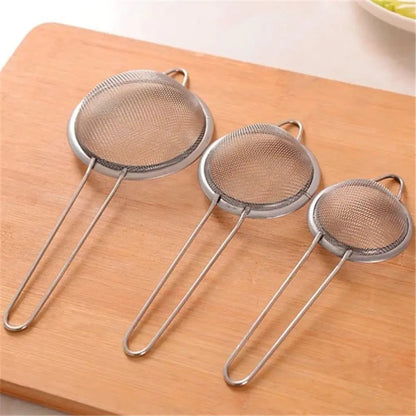 3PCS Stainless Steel Fine Mesh Strainer Set – Juice, Soya Milk, Oil & Hotpot Sieve Spoon for Kitchen Use