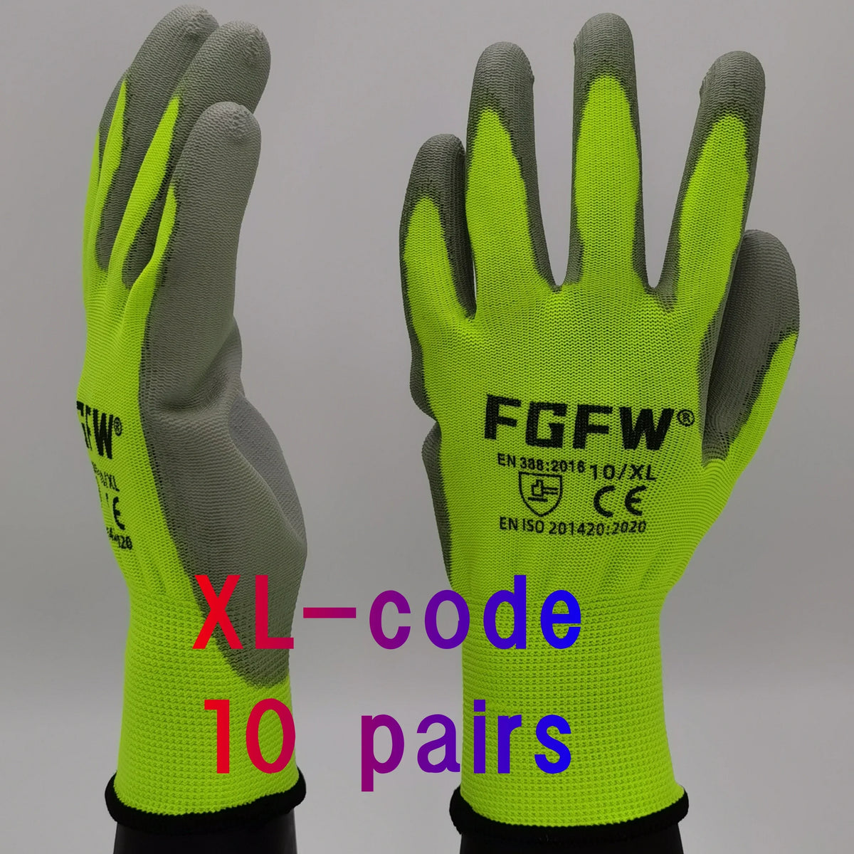 10-Pair PU Coated Work Gloves - Lightweight Durable Safety Gloves, EN 388 & ISO 20471 Certified, S–XL