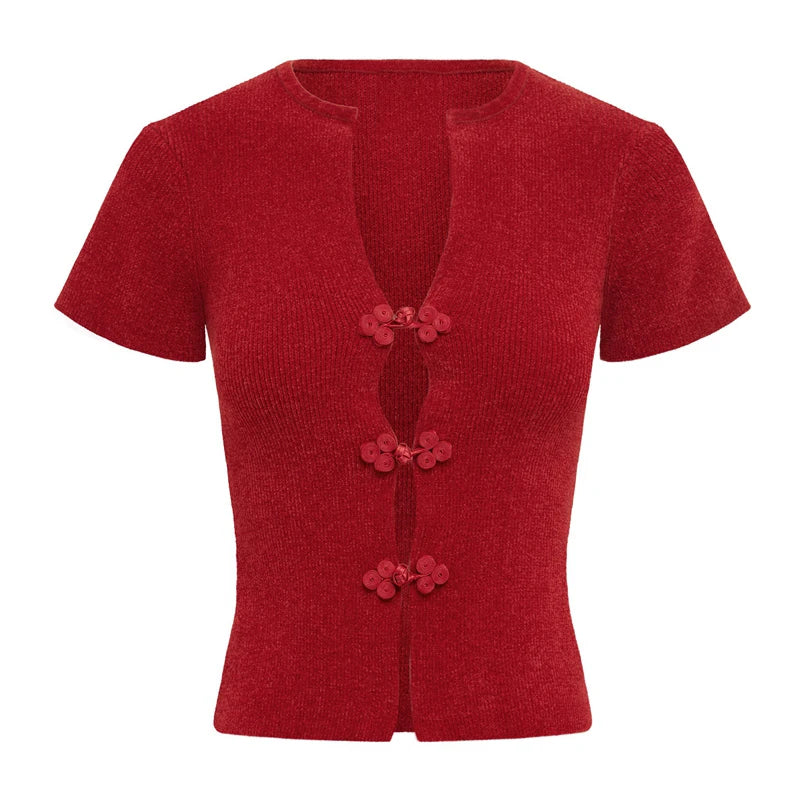 Maemukilabe Y2K Vintage Buckle Crop Top – Retro V-Neck Slim Fit Open Front Korean Preppy T-Shirt