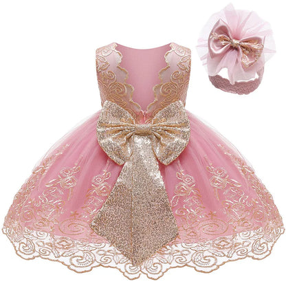 Baby Girls Lace Princess Dress - Big Bow Summer Birthday Party Gown