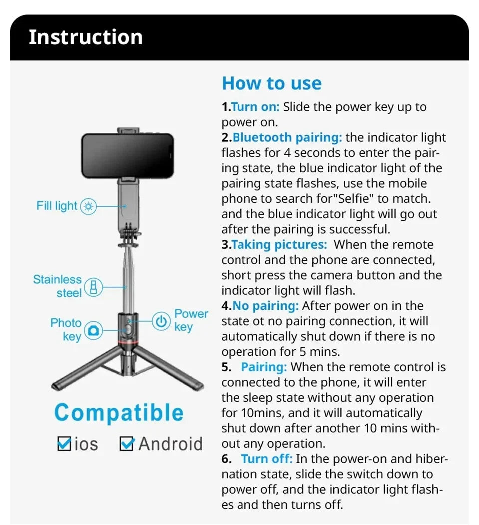FANGTUOSI 2025 L15 Wireless Selfie Stick Tripod – Foldable Monopod with LED Light for Smartphones, TikTok & Live Shooting