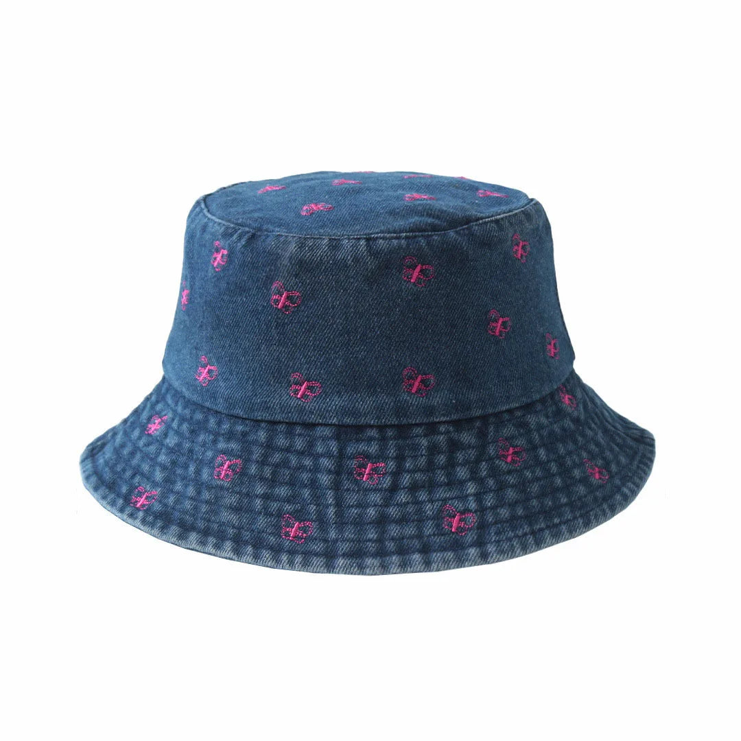 Embroidered Denim Bucket Hat – Summer Beach Fisherman Sun Hat for Men & Women | Cute Travel Cotton Sun Protection Cap, Wholesale Style
