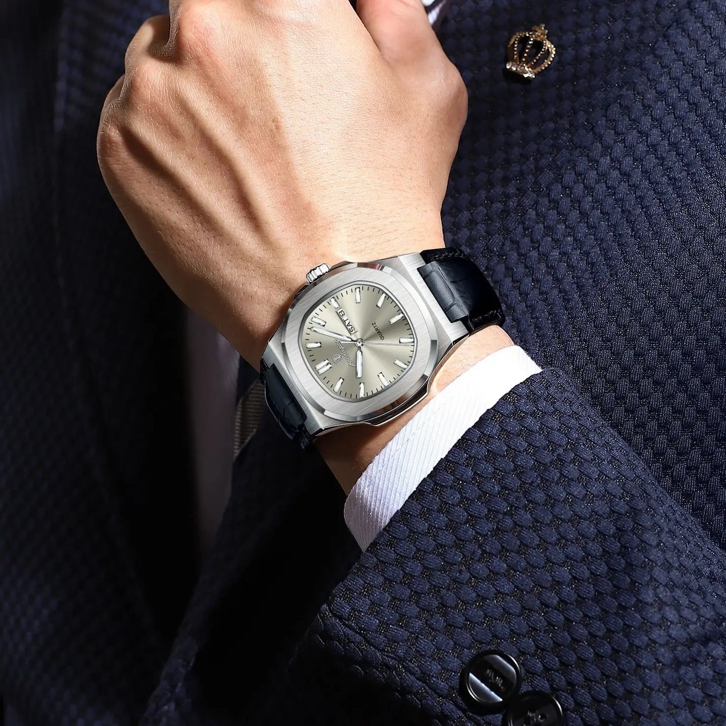 POEDAGAR Luxury Men’s Square Quartz Watch – Luminous Waterproof Leather Strap with Week Calendar