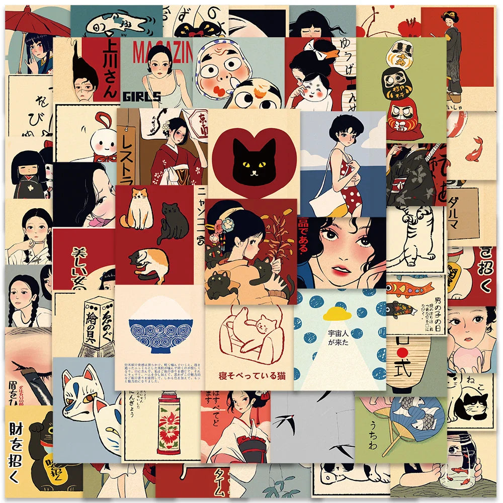 50pcs Retro Japanese Cartoon Stickers – Waterproof Aesthetic Graffiti Decals for Laptop, Luggage, Guitar & Skateboard