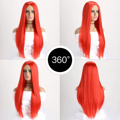 26-Inch Long Straight Wig with Mid Bangs – Black Ombre Heat-Resistant Wig for Women, Daily Wear, Cosplay & Halloween