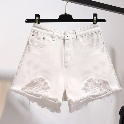 Summer Women’s Korean High Waist Cowboy Denim Shorts — Casual White Jeans with Pockets, Tassels & Ripped Holes Y2K Style