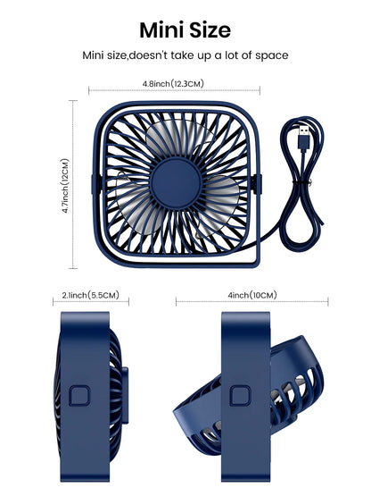 TOPK Mini Portable USB Desk Fan - Strong Airflow, Quiet Operation, 3 Speeds, 360° Rotatable, Standing Fans for Home Rooms