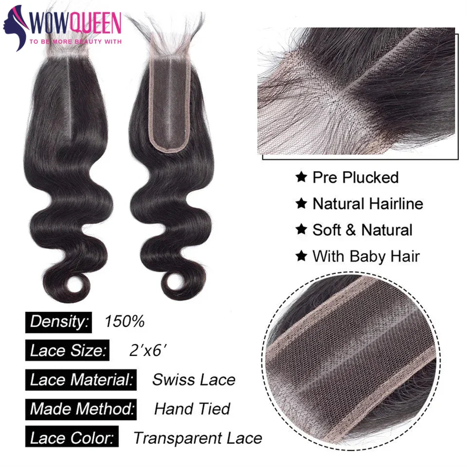 Body Wave Bundles with Closure – 2x6 Brazilian Hair Weave, 3/4 Bundles with Lace Closure, Natural Human Hair