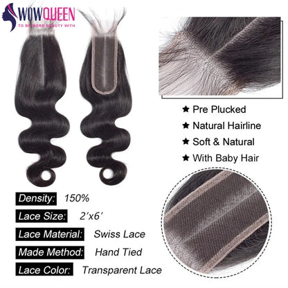 Body Wave Bundles with Closure – 2x6 Brazilian Hair Weave, 3/4 Bundles with Lace Closure, Natural Human Hair