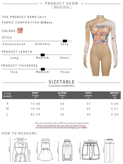 Weird Puss One-Shoulder Crop Top for Women – See-Through Bandage Graphic T-Shirt, Sexy Summer Clubwear 2024