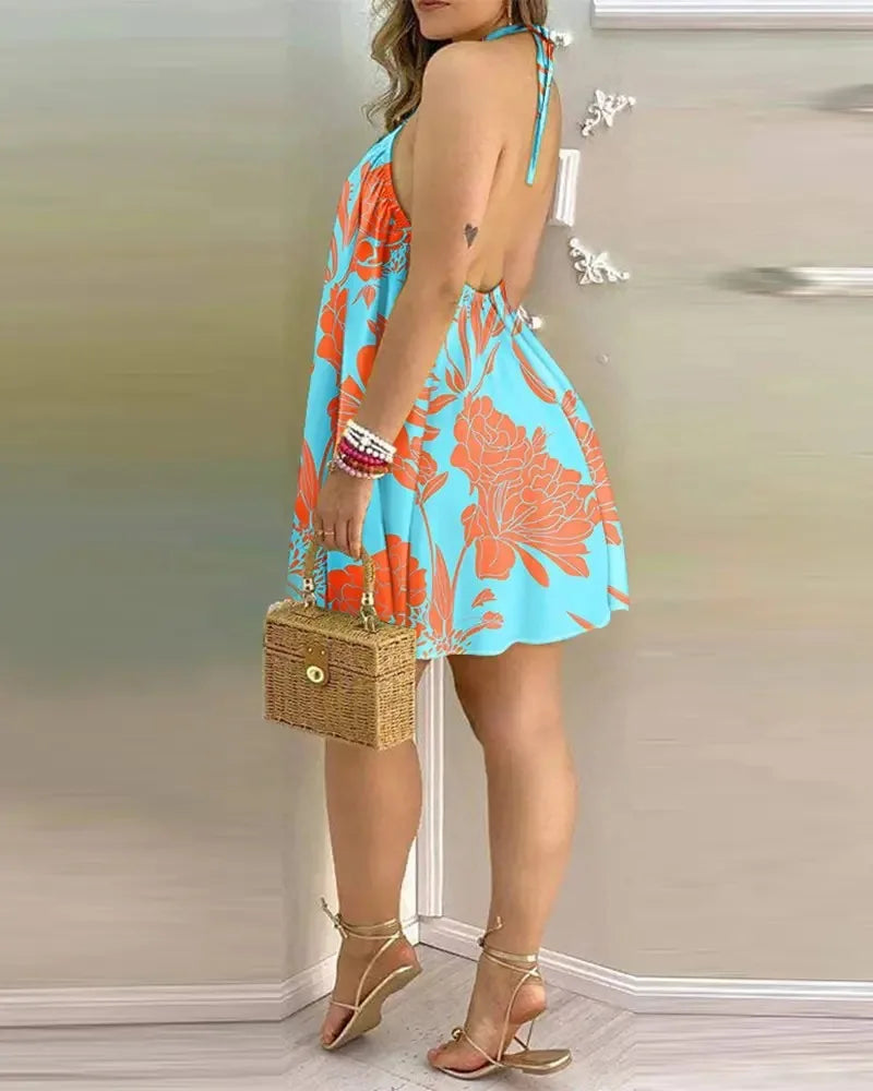 Floral Print Halter Neck Boho Dress – Backless Summer Spring Women’s Fashion Casual Elegant Sundress Clothing