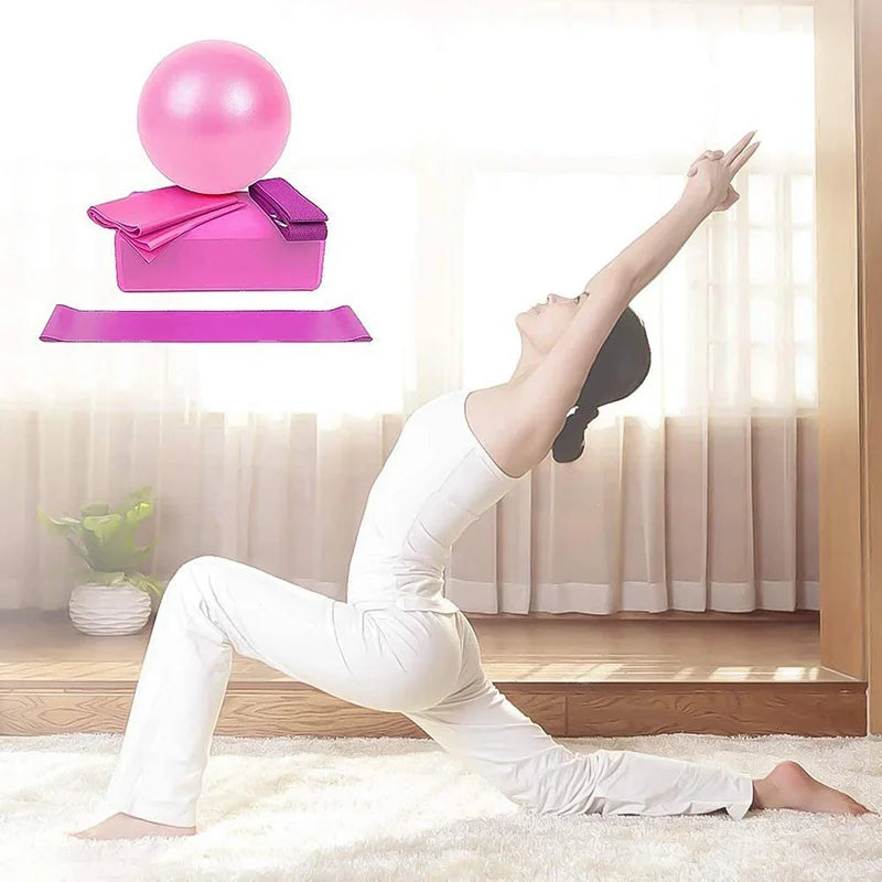 5 Piece Yoga Starter Kit – Blocks, Ball, Stretching Strap, Resistance Loop & Pilates Band for Home Fitness