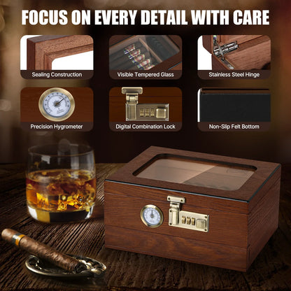 Cedar Wood Cigar Humidor – Glass Top Desktop Cigar Box with Front Hygrometer, Humidifier, Divider, and Accessories Drawer