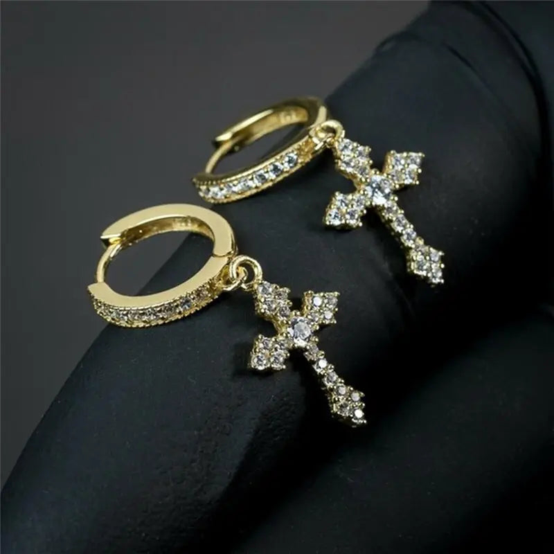 Classic Cross Crystal Earrings - Replaceable White Point-Drill Hip-Hop Party Jewelry for Women & Men