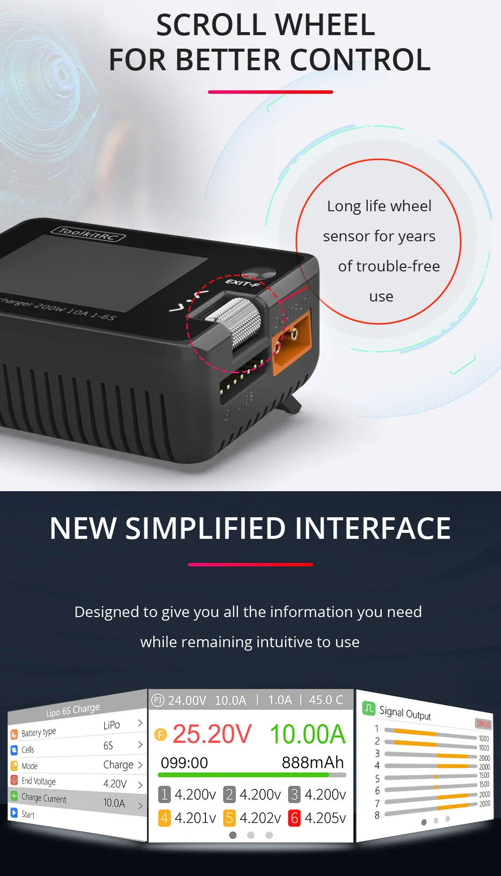 ToolkitRC M7 200W 10A DC Charger/Discharger — ADP100 Adapter for 1-6S LiPo, LiHV & LiFe Lion RC Batteries (EU/US)