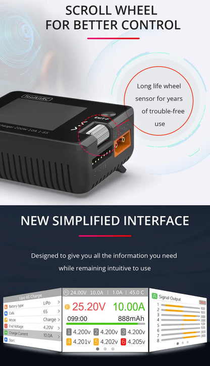 ToolkitRC M7 200W 10A DC Charger/Discharger — ADP100 Adapter for 1-6S LiPo, LiHV & LiFe Lion RC Batteries (EU/US)