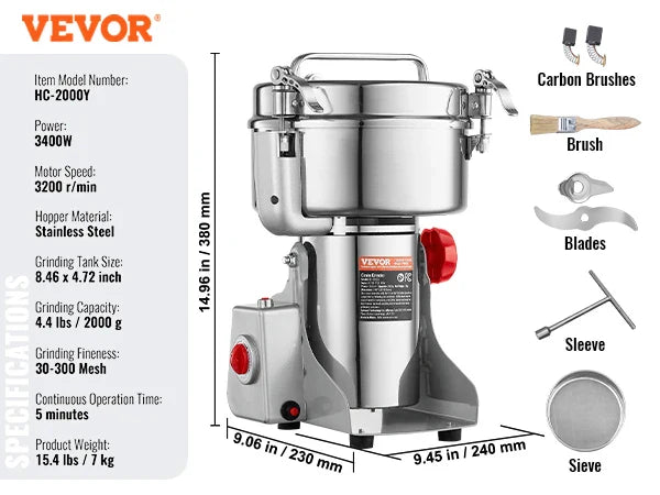 SucceBuy 150-2500g Electric Grain Mill Grinder – Commercial Spice & Herb Grinder for Coffee, Corn & Cereals