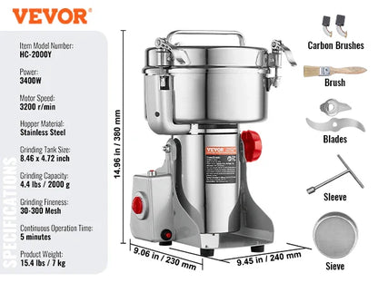 SucceBuy 150-2500g Electric Grain Mill Grinder – Commercial Spice & Herb Grinder for Coffee, Corn & Cereals