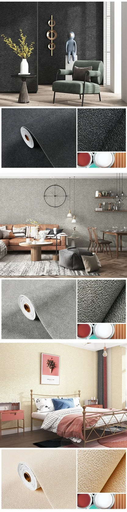 Linen 3D Foam Self-Adhesive PVC Wallpaper - Solid Color, Thickened Waterproof Wall Stickers for Home Renovation & Decor