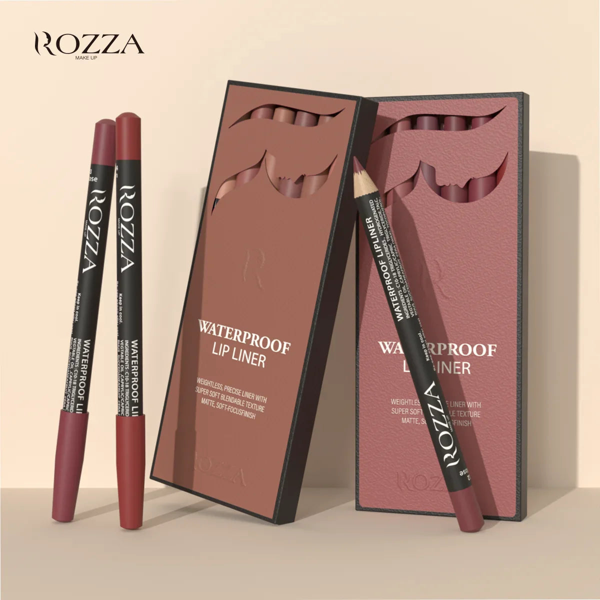 Rozza Waterproof Lip Liner Pencil Set – Weightless, Precise Matte Liner with Soft, Blendable Texture