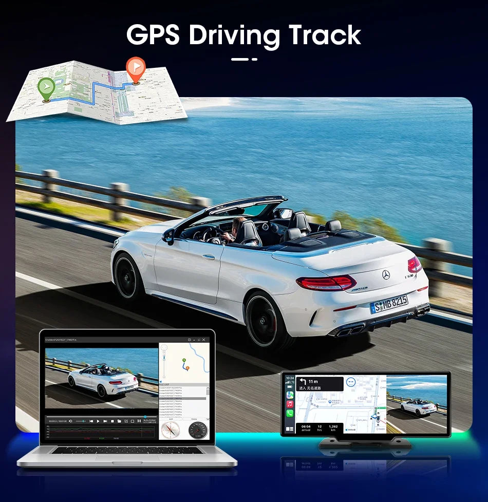 10.26'' 4K Dash Cam Car Mirror Video Player - Wireless CarPlay, Android Auto, GPS, and Rearview Camera Monitor