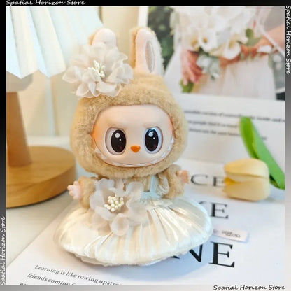 Mini Plush Doll Clothes Bud Skirt with Pearl Hair Accessory — Labubu I & II Kpop Idol Doll DIY Outfit Gift