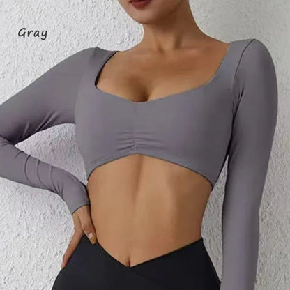 DIAS FIT JOY Women’s Nylon Gym Top – Long-Sleeve Pleated Yoga & Sports T-Shirt, Waist-Fitting Activewear