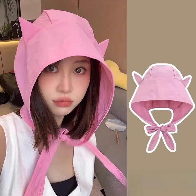 Women Cute Cat Ear Bucket Hat – Kawaii Cartoon Soft Breathable Sun Protection Cap, Adjustable Casual Summer Multi-Functional Hat