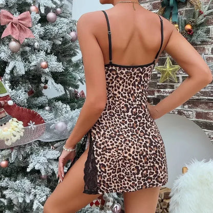 Women’s Sexy Leopard Print Nightgown – Lace Slim Fit Summer Sleepwear Mini Dress, Nightshirt Pajamas Loungewear Outfit