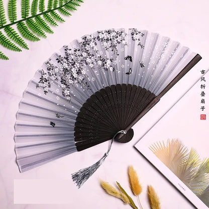 Bamboo Folding Fan with Silk — Chinese & Japanese Style Handheld Fan, Antique Art Craft for Summer Dance, Home Decor & Party