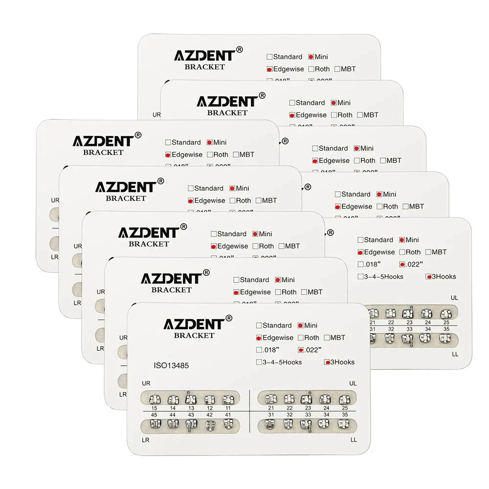 AZDENT 10 Packs Dental Brackets – Orthodontic Metal Mini Standard Roth MBT Slot 0.022/0.018 with Hooks, 20 Pcs per Pack