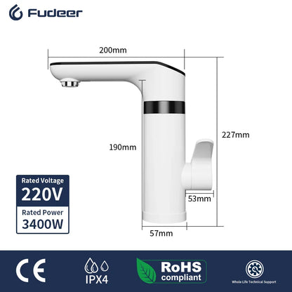Fudeer 3400W 220V Electric Kitchen Water Heater Tap – Instant Hot & Cold Stainless Steel Faucet Heater