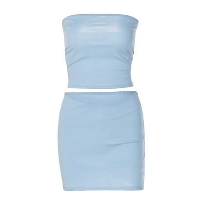 Hugcitar Solid Sleeveless Folds Tube Crop Top & Skirt Set – 2 Piece Summer Fashion Streetwear, Beach Clothing
