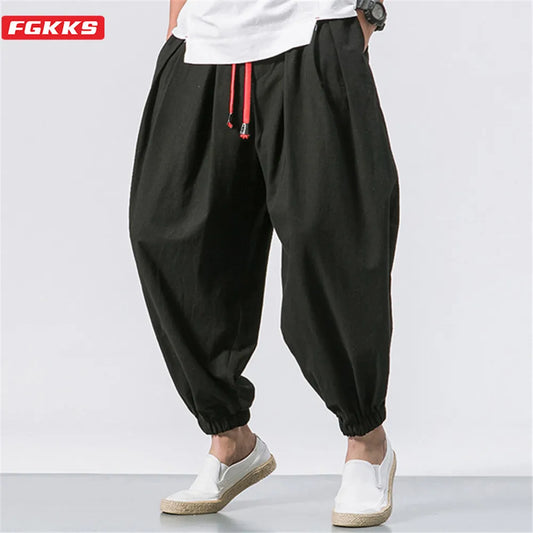 FGKKS New Oversize Men's Harem Pants: Autumn Chinese Linen Sweatpants - High-Quality Casual Trousers for Males