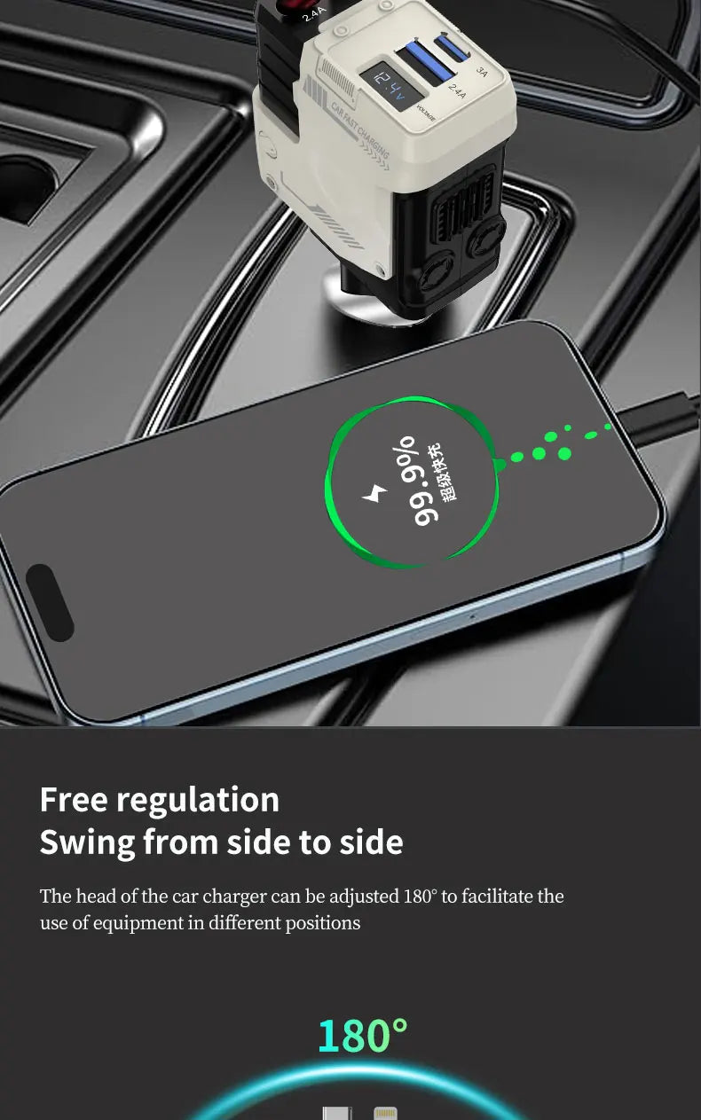 120W Car Charger | 4-in-1 Retractable Cigarette Lighter Adapter with USB Type-C Fast Charging Cable for iPhone & Android