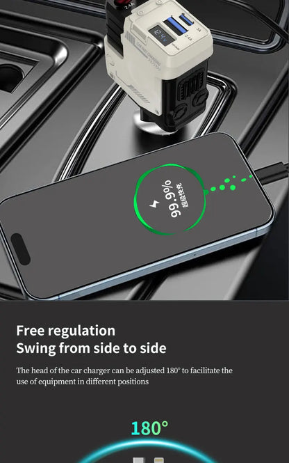 120W Car Charger | 4-in-1 Retractable Cigarette Lighter Adapter with USB Type-C Fast Charging Cable for iPhone & Android