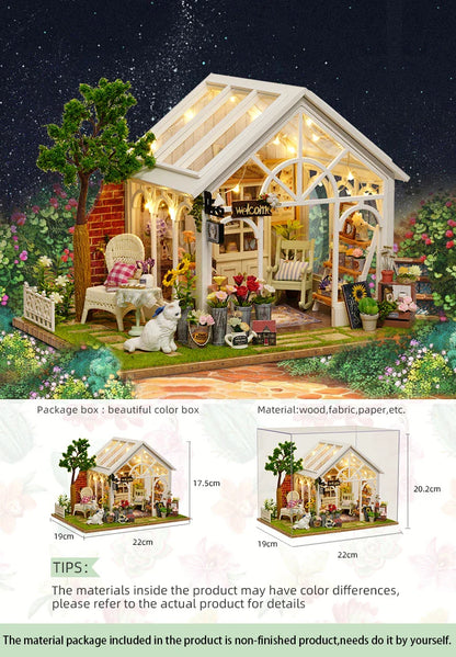 DIY Wooden Sunshine Greenhouse Cottage – Miniature Dollhouse Kit with Furniture for Friends' Gifts