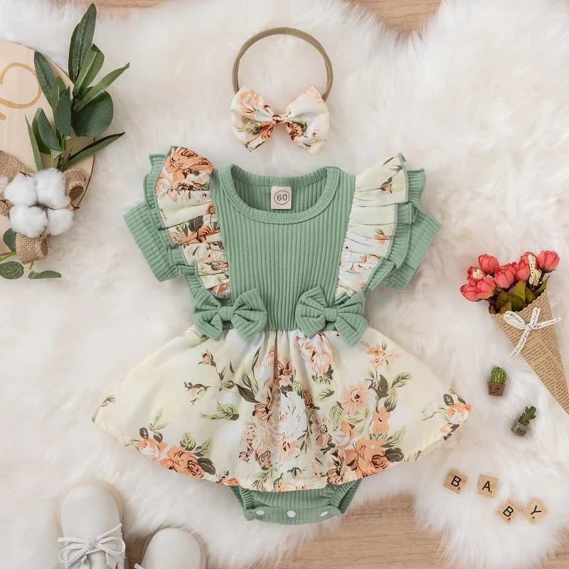 Summer Baby Girl Dress - Cotton Striped Jumpsuit with Bowknot & Floral Design for Newborns