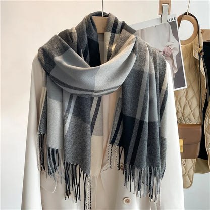 Warm Cashmere Blanket Scarf for Women - Fashionable Plaid Pashmina Shawl with Tassels, Thick Winter Wrap, Casual Poncho